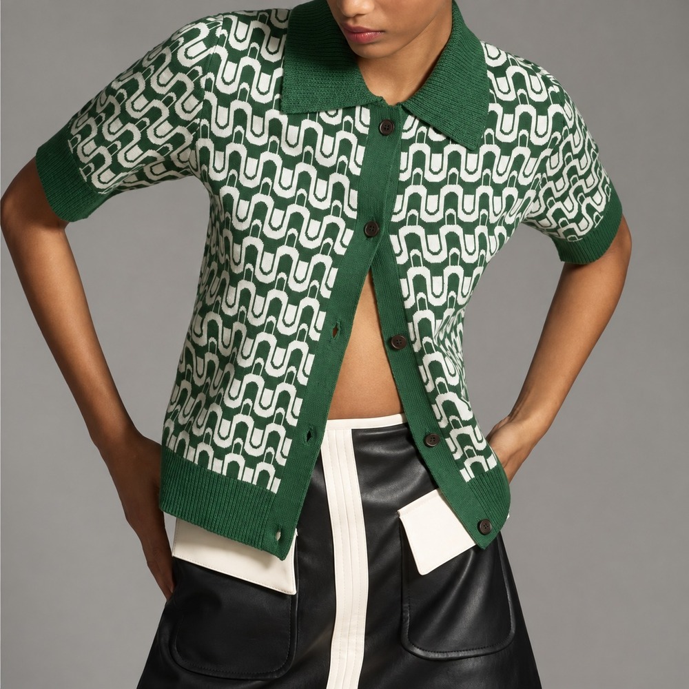 Anthropologie Maeve Cardigan Green Retro Mod Print Collared Crop Short Sleeve S